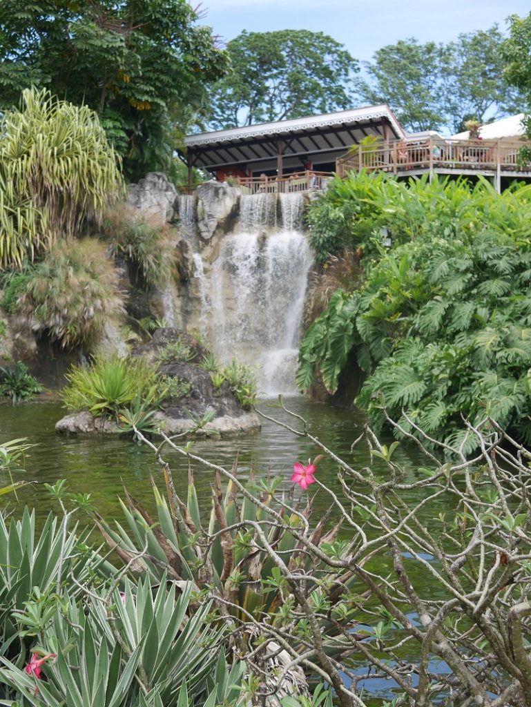 restaurant et cascade au jardin botanique de deshaies