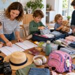 famille prépare valise enfant avec une checklist de voyage