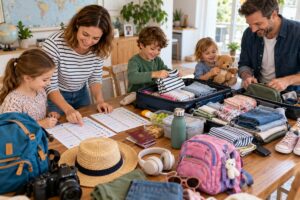 famille prépare valise enfant avec une checklist de voyage