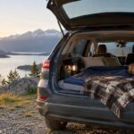 couchage confortable aménagé dans une voiture face à un paysage de montagne