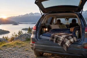 couchage confortable aménagé dans une voiture face à un paysage de montagne