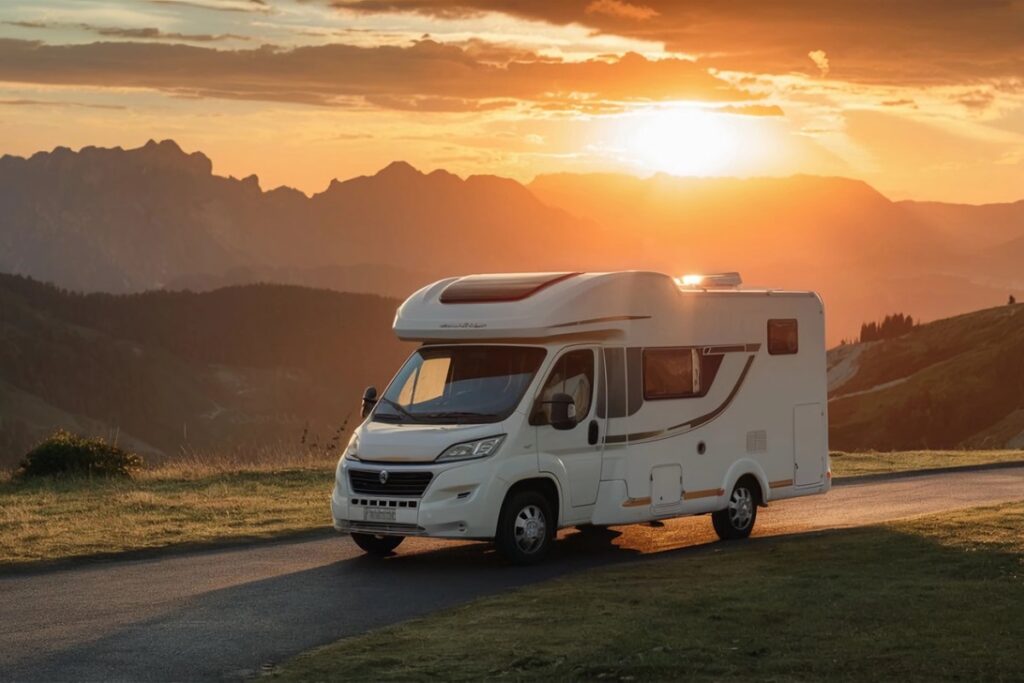 camping car avec coucher de soleil derrière