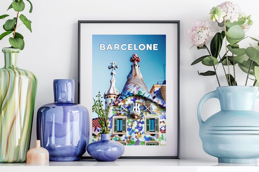 affiche de Barcelone sur une étagère avec décoration