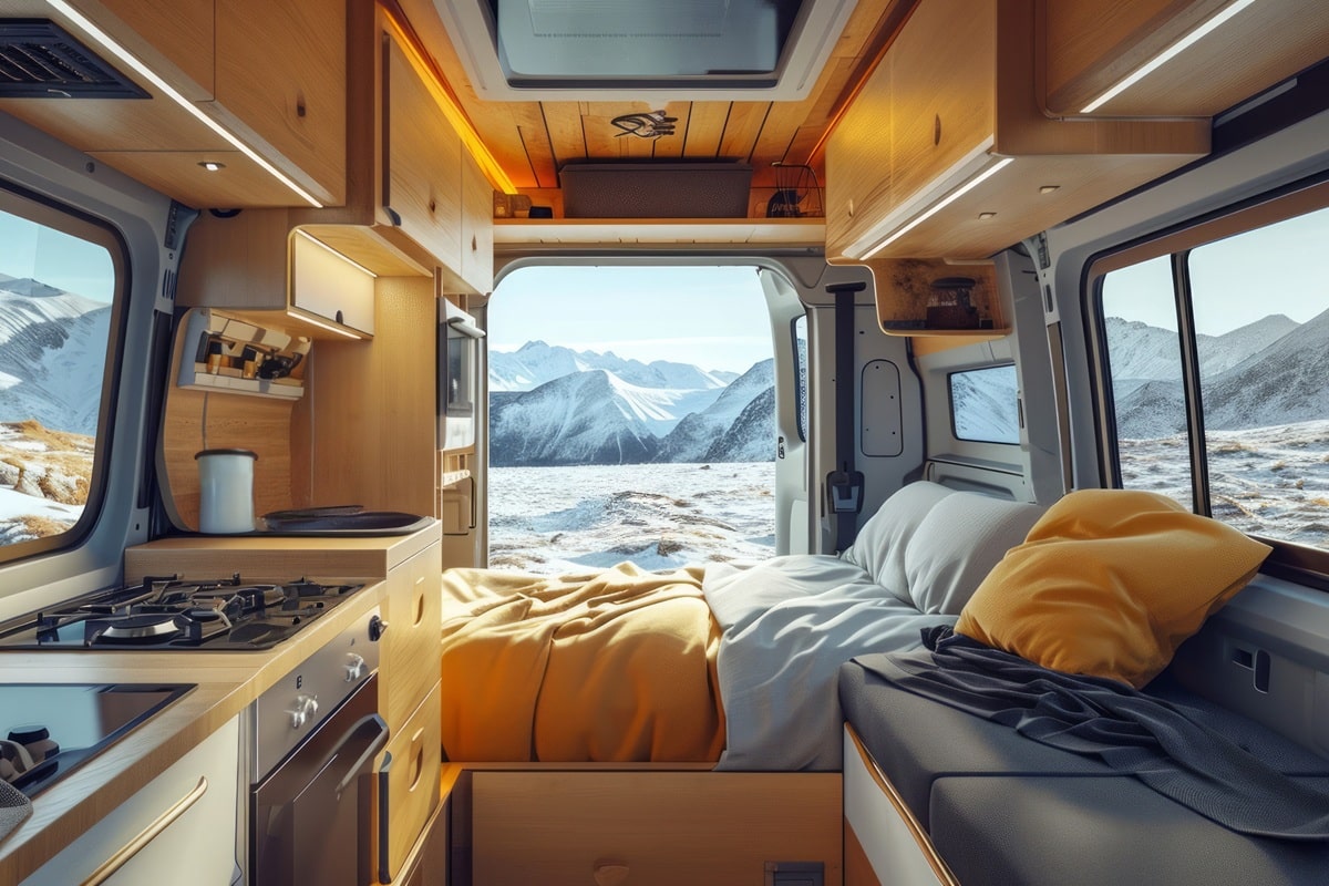 lit dans un van aménagé