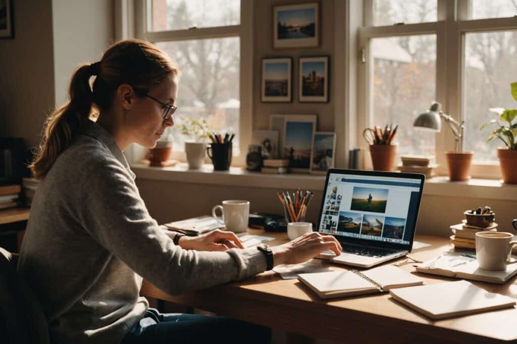 femme créant un album photos de vacances en ligne