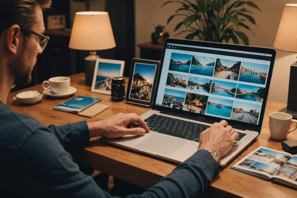 homme créant un album photos de vacances en ligne