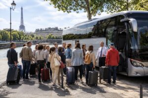 grand groupe de voyageurs près d'un bus à Paris
