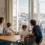 Petit déjeuner en famille dans un appartement face à la tour Eiffel