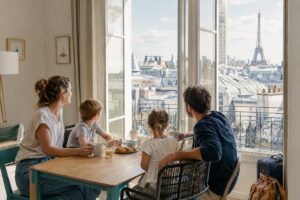 Petit déjeuner en famille dans un appartement face à la tour Eiffel