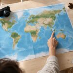 Une main désigne une destination sur une carte du monde, entourée d’accessoires de voyage