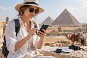 Voyageuse connectée devant les pyramides d’Égypte
