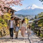Famille se promenant dans un village sous le mont Fuji