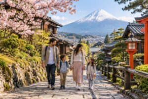 Famille se promenant dans un village sous le mont Fuji
