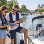 Moniteur et élève près d'un bateau au bord de la Seine à Paris