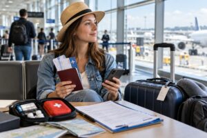 Une voyageuse prépare son départ à l’aéroport avec passeport, bagages et documents d’assurance