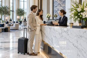 couple à l'accueil d'un hôtel de luxe