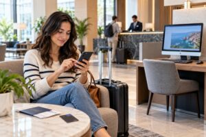 femme consultant son portable dans un hall d'hôtel