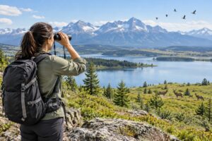 femme observant des oiseaux près d'un lac avec des jumelles