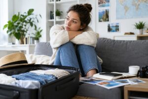 femme un peu triste sur son canapé après un retour de voyage